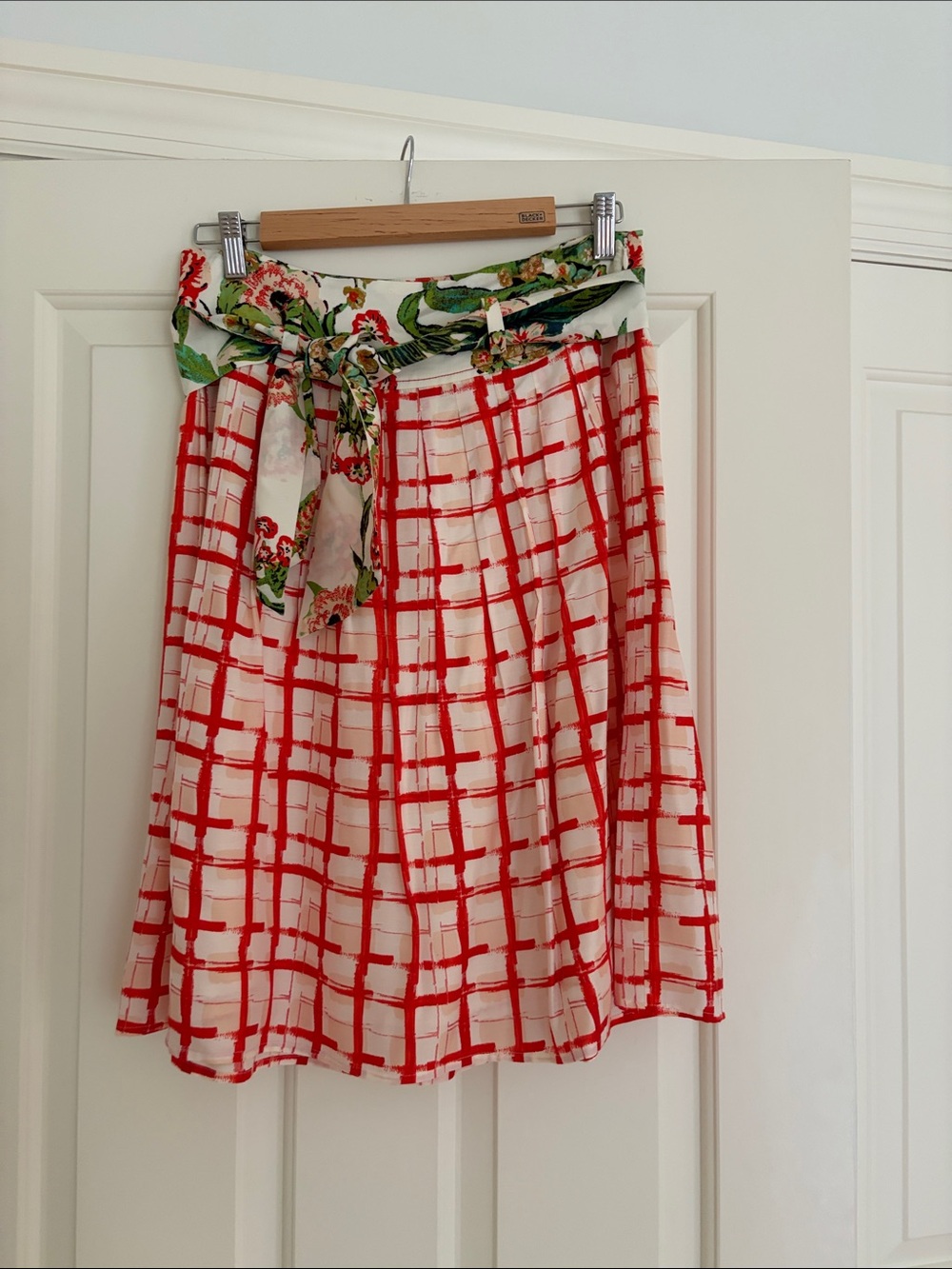 Maeve Women's Red Grid Print Skirt with Floral Waist Tie